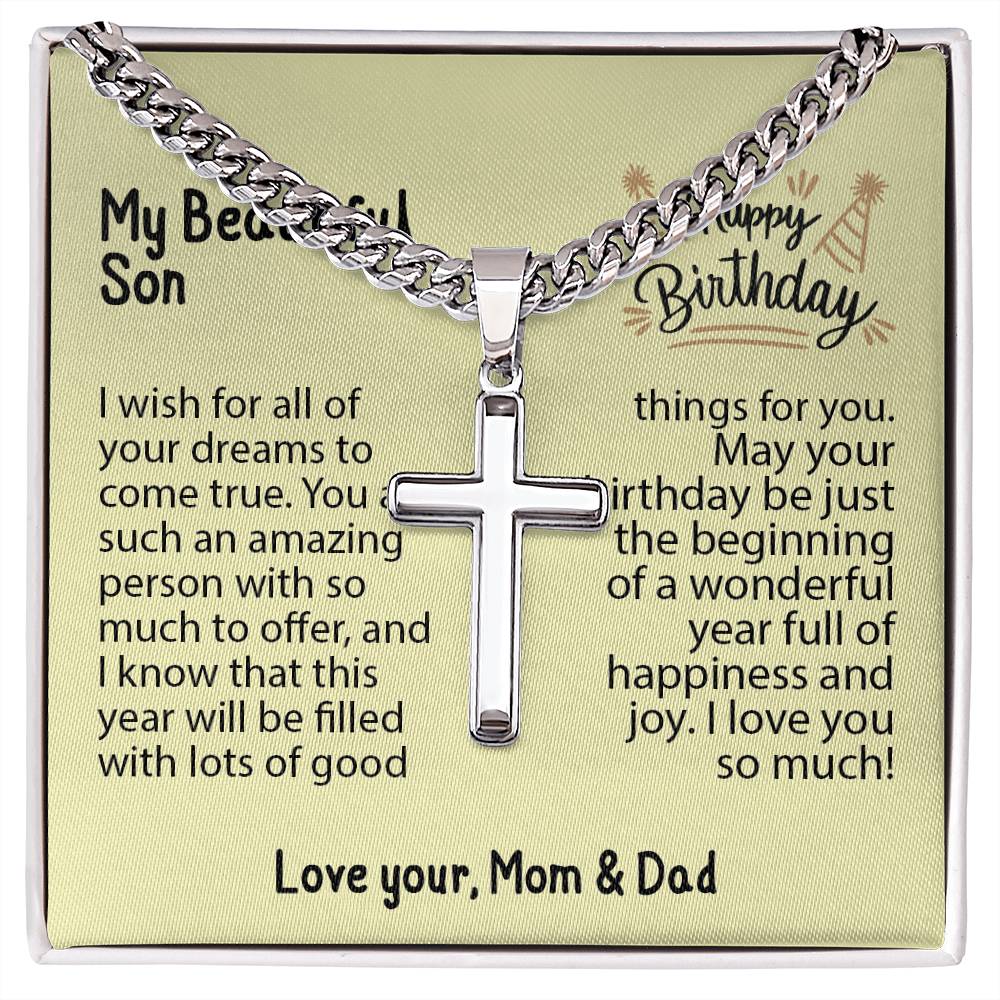 Birthday gifts for son, gifts for son from mom, Gifts for son, mom and son, Cuban Chain with Artisan Cross Necklace for son