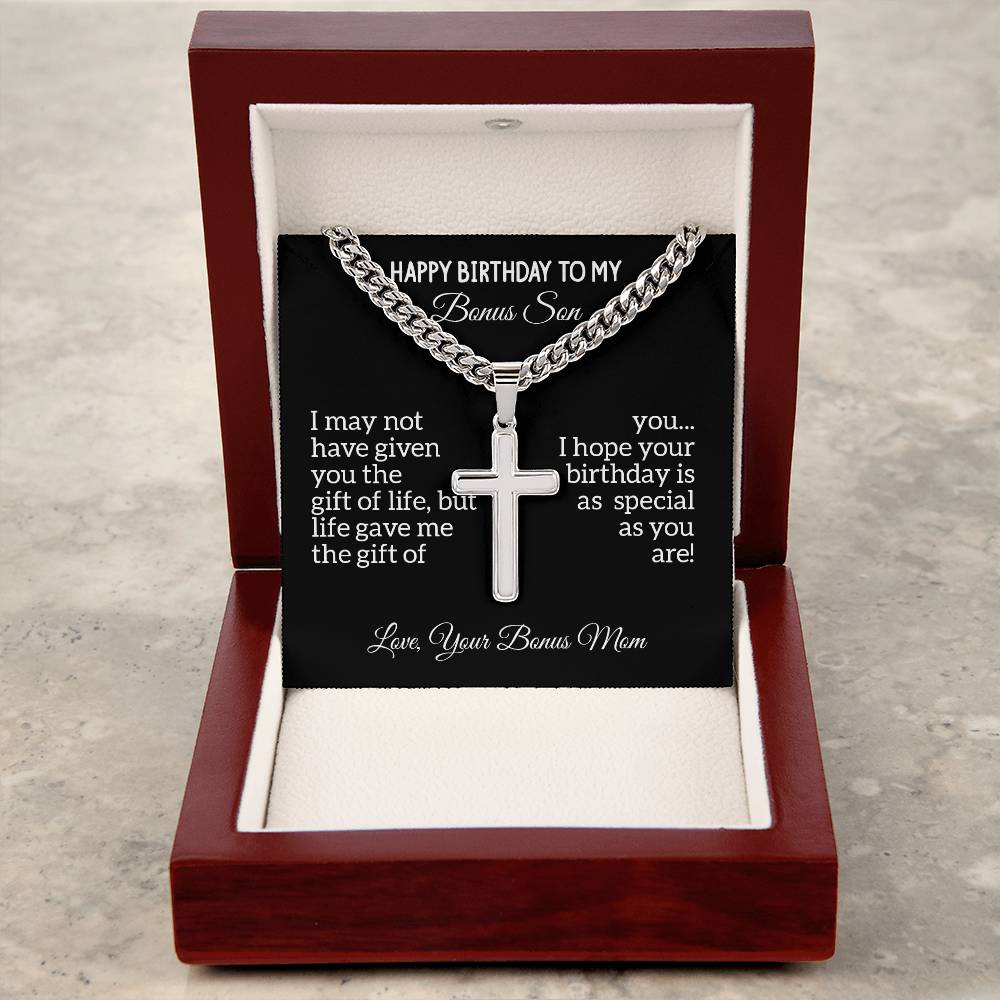 Birthday gifts for bonus son, gifts for bonus son from mom, Gifts for bonus son, mom and bonus son, Cuban Chain with Artisan Cross Necklace