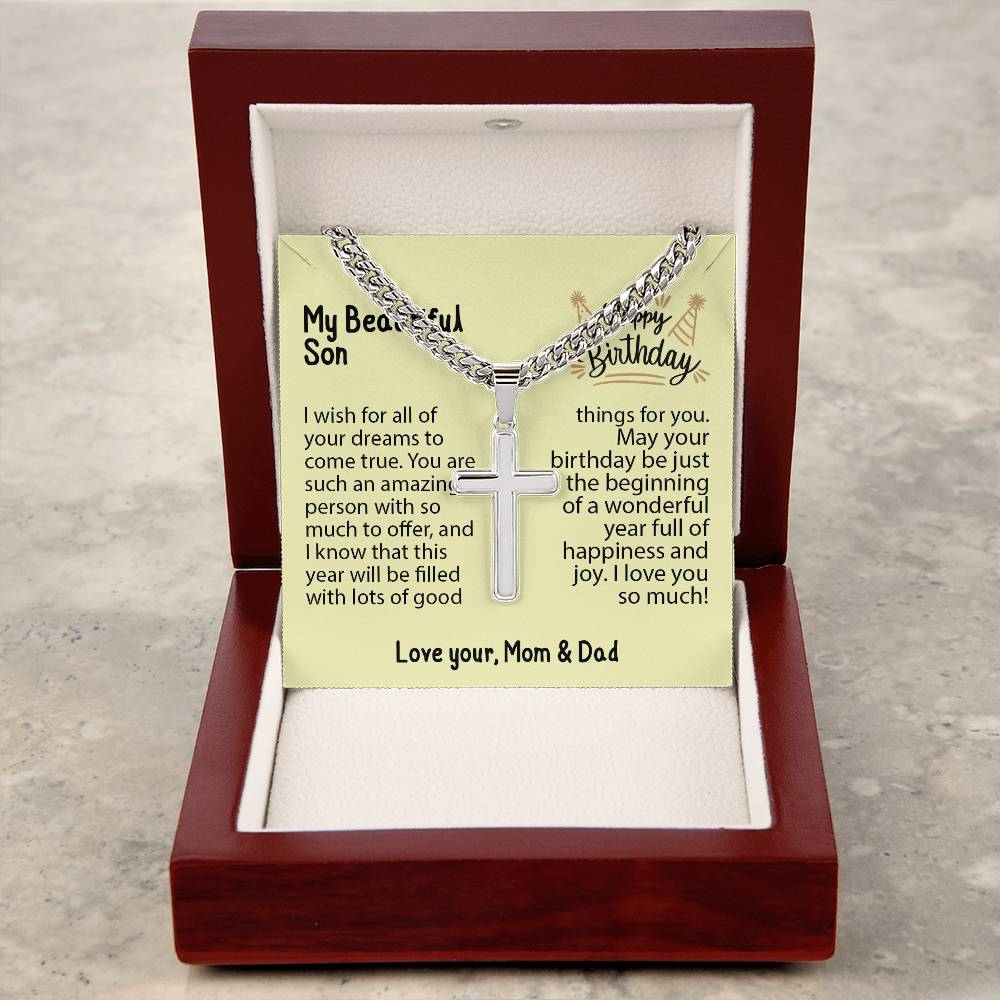 Birthday gifts for son, gifts for son from mom, Gifts for son, mom and son, Cuban Chain with Artisan Cross Necklace for son