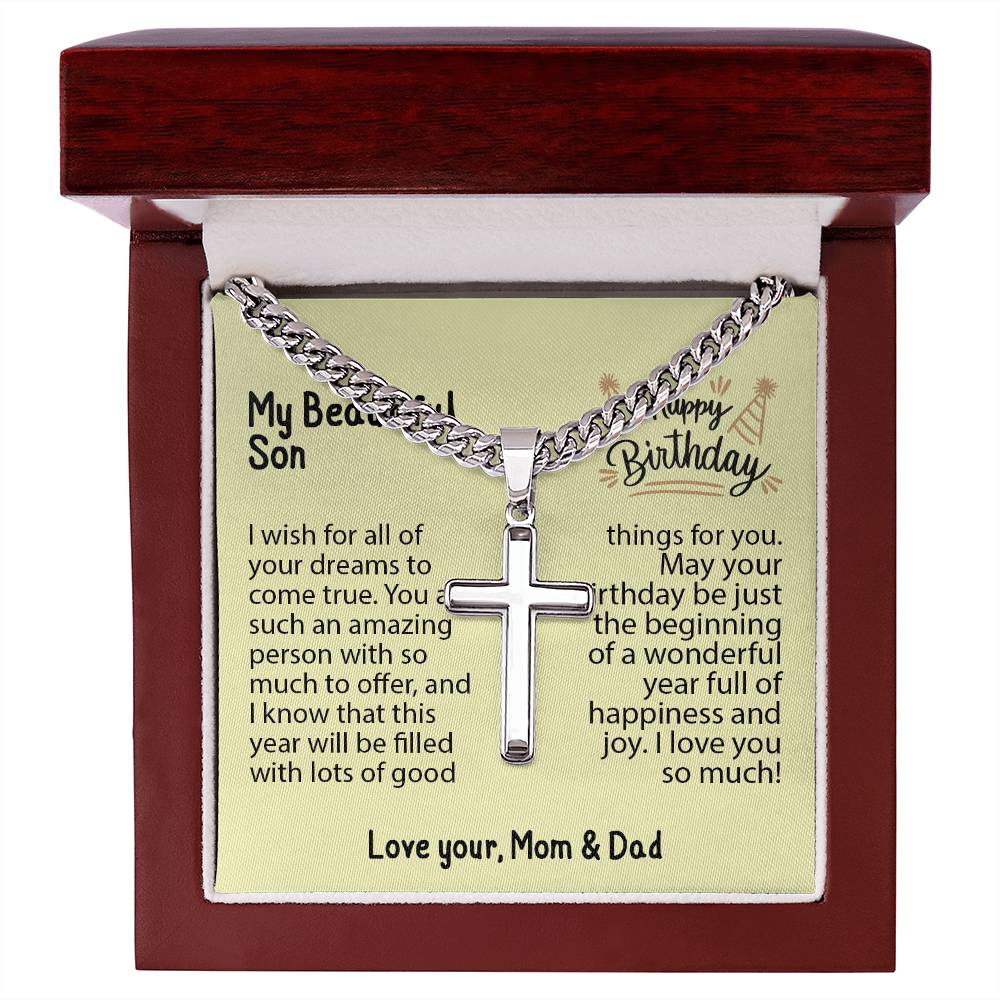 Birthday gifts for son, gifts for son from mom, Gifts for son, mom and son, Cuban Chain with Artisan Cross Necklace for son