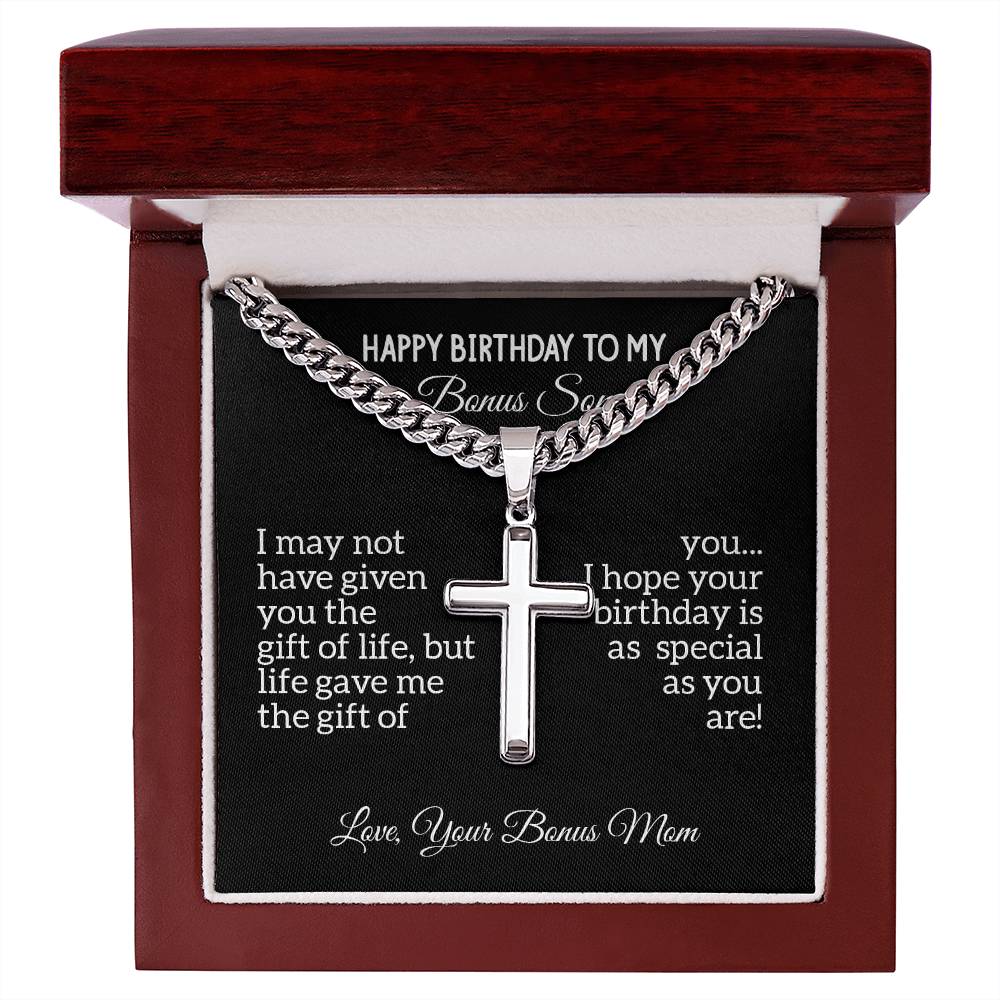 Birthday gifts for bonus son, gifts for bonus son from mom, Gifts for bonus son, mom and bonus son, Cuban Chain with Artisan Cross Necklace