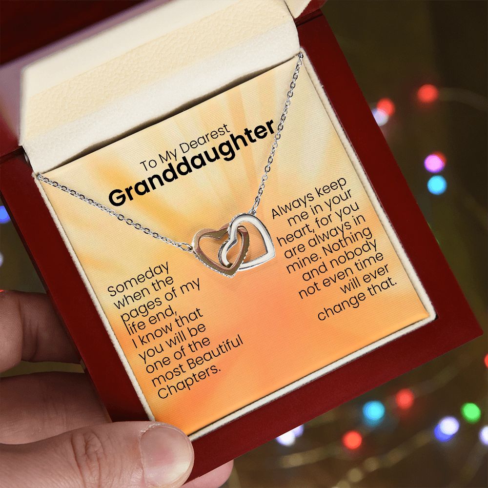 To My Dearest Granddaughter | Someday when the pages of my life end | Personalized message card with a interlocking heart necklace for daughter