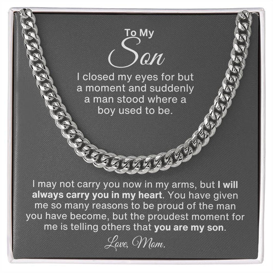 A Mother's Message to Her Son Attached with Cuban Chain Necklace