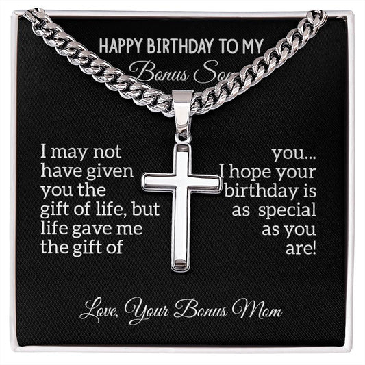 Birthday gifts for bonus son, gifts for bonus son from mom, Gifts for bonus son, mom and bonus son, Cuban Chain with Artisan Cross Necklace